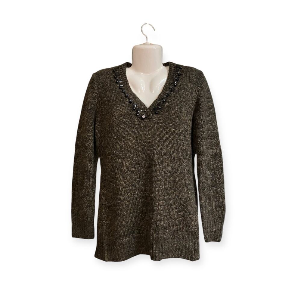 Carolyn Taylor Women's Brown Jeweled V-Neck Long Sleeve Pullover Sweater SZ M